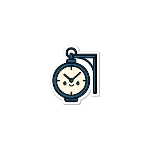 May include: A sticker featuring a cartoon clock with a smiling face. The clock is round with a cream-colored face, black hands, and a dark blue border. It hangs from a dark blue bracket.