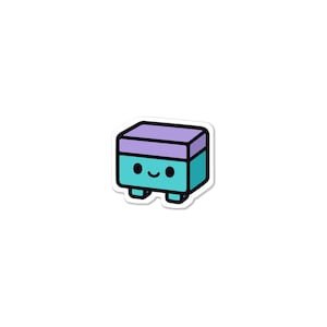 May include: A cute sticker featuring a cartoon box with a smiling face. The box is teal with a purple top and black outlines. The sticker has a white border and small feet.