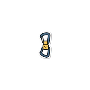 May include: A sticker of a cartoon carabiner with a smiling face. The carabiner is blue with a yellow centre and a white outline, ideal for outdoor enthusiasts and climbers.