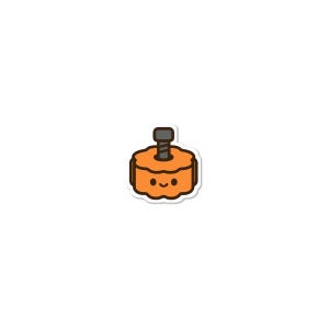 May include: A sticker featuring a cartoon-style orange object with a screw in the center. The object has a smiling face and a brown outline, set against a white background.