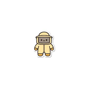 May include: A sticker featuring a cartoon character in a yellow hazmat suit. The character has a smiling face with a brown square for the face and a yellow helmet. The suit has yellow gloves and boots.