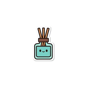 May include: A sticker featuring a cartoon diffuser with a teal-colored bottle and brown reeds. The bottle has a smiling face and a brown cap. The sticker has a white border.
