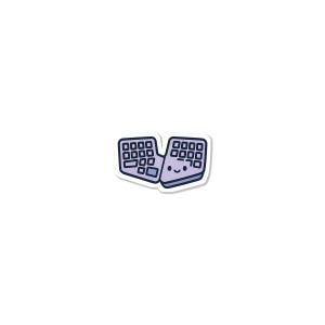 May include: A sticker featuring a split keyboard design with a smiling face. The keyboard is light purple with dark purple keys and a white border. The sticker is designed to look like a cute, cartoon-style illustration.