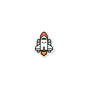May include: A sticker featuring a cartoon spaceship with a smiling face. The spaceship is white with orange and blue accents, and a flame is coming out of the bottom. The sticker has a white border.