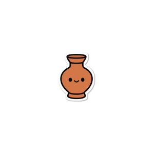 Op de afbeelding: Een sticker van een cartoon terracotta vaas met een lachend gezicht. De vaas heeft een afgeronde body, een smalle hals en een donkerbruine omtrek. De achtergrond is effen wit.