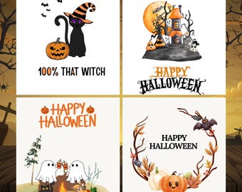 May include: Four Halloween-themed cards. One card features a black cat wearing a witch hat next to a jack-o'-lantern, with the text "100% THAT WITCH." Another shows a haunted house with a full moon and the words "HAPPY HALLOWEEN." The other two cards have similar themes.