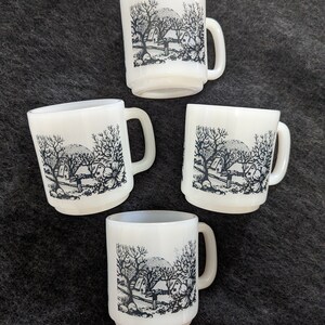 Vintage Currier and Ives Glasbake milk glass mugs (set of 4)