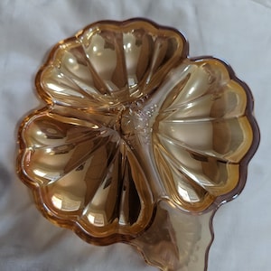 Jeanette Marigold Iridescent vintage Clover shaped candy/ nut dish