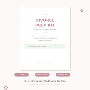 Op de afbeelding: Een wit werkboek getiteld "The Divorce Prep Kit" met de tekst "Your Guide to Getting Organized". Het werkboek bevat secties voor financiële werkbladen, documentchecklists en een budgetplanner. Er staat ook "You are stronger than you know."