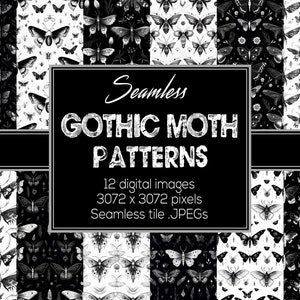 Könnte beinhalten: Eine Sammlung nahtloser Gothic-Mottenmuster in Schwarz und Weiß. Das Bild zeigt 12 digitale Bilder, jeweils 3072 x 3072 Pixel, ideal für verschiedene Designprojekte. Der Text auf dem Bild lautet "Seamless Gothic Moth Patterns".