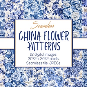 May include: A digital download of 12 seamless patterns featuring blue and white floral designs. The patterns are 3072 x 3072 pixels and are perfect for creating digital or printed projects.