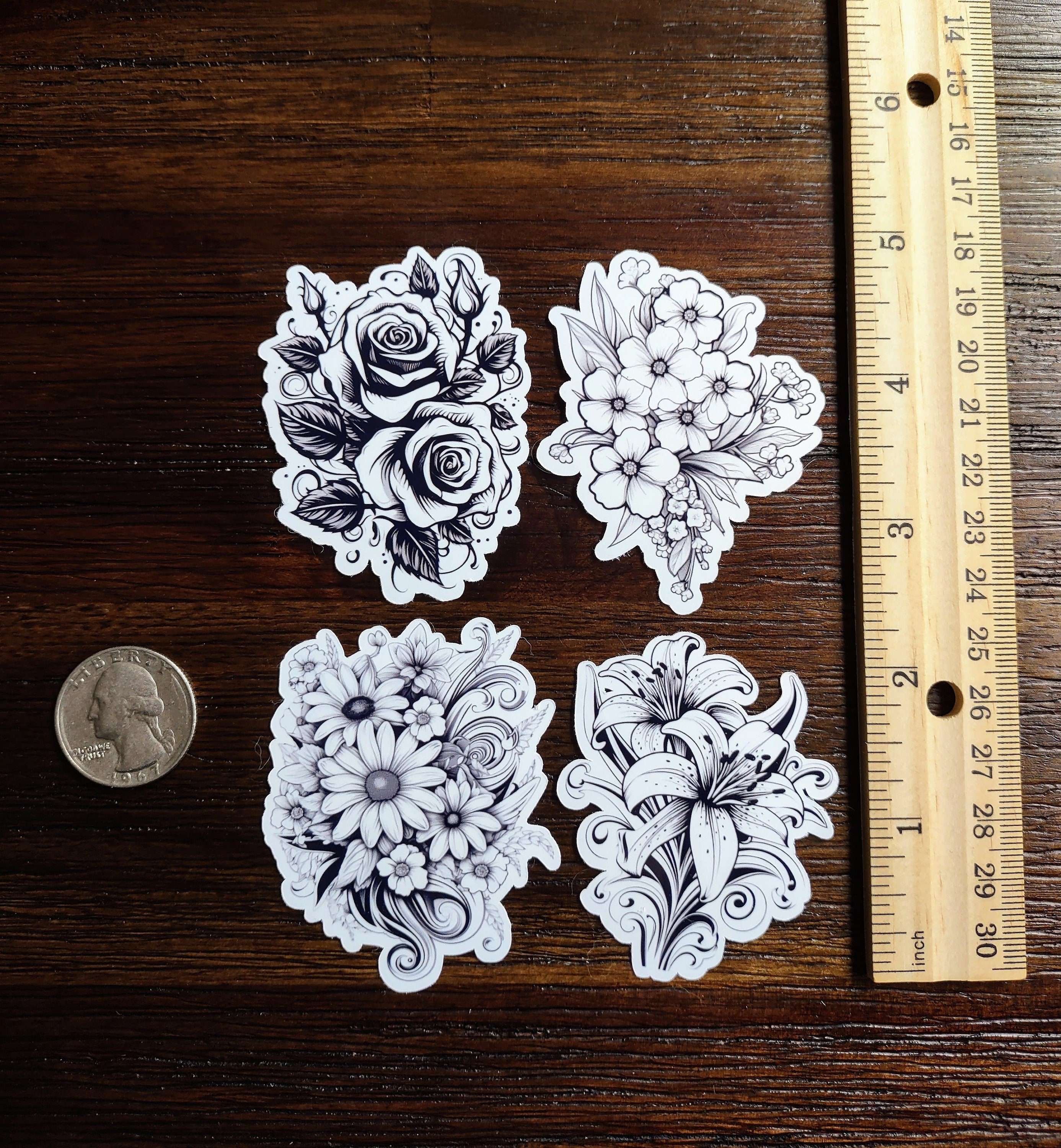 8 Pack Black and White Flower Stickers Goth Stickers Floral Stickers