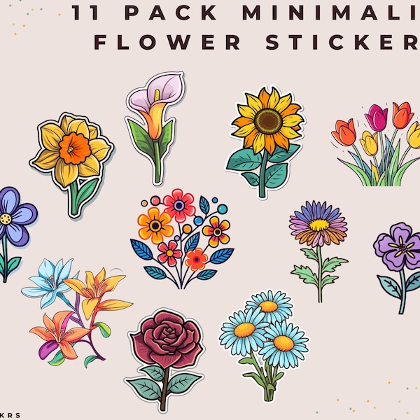 11 pack Minimalist Flower Stickers | Aesthetic Laptop, Phone, Planner, Scrapbook, Junk Journal, Colorful Floral Vinyl Stickers