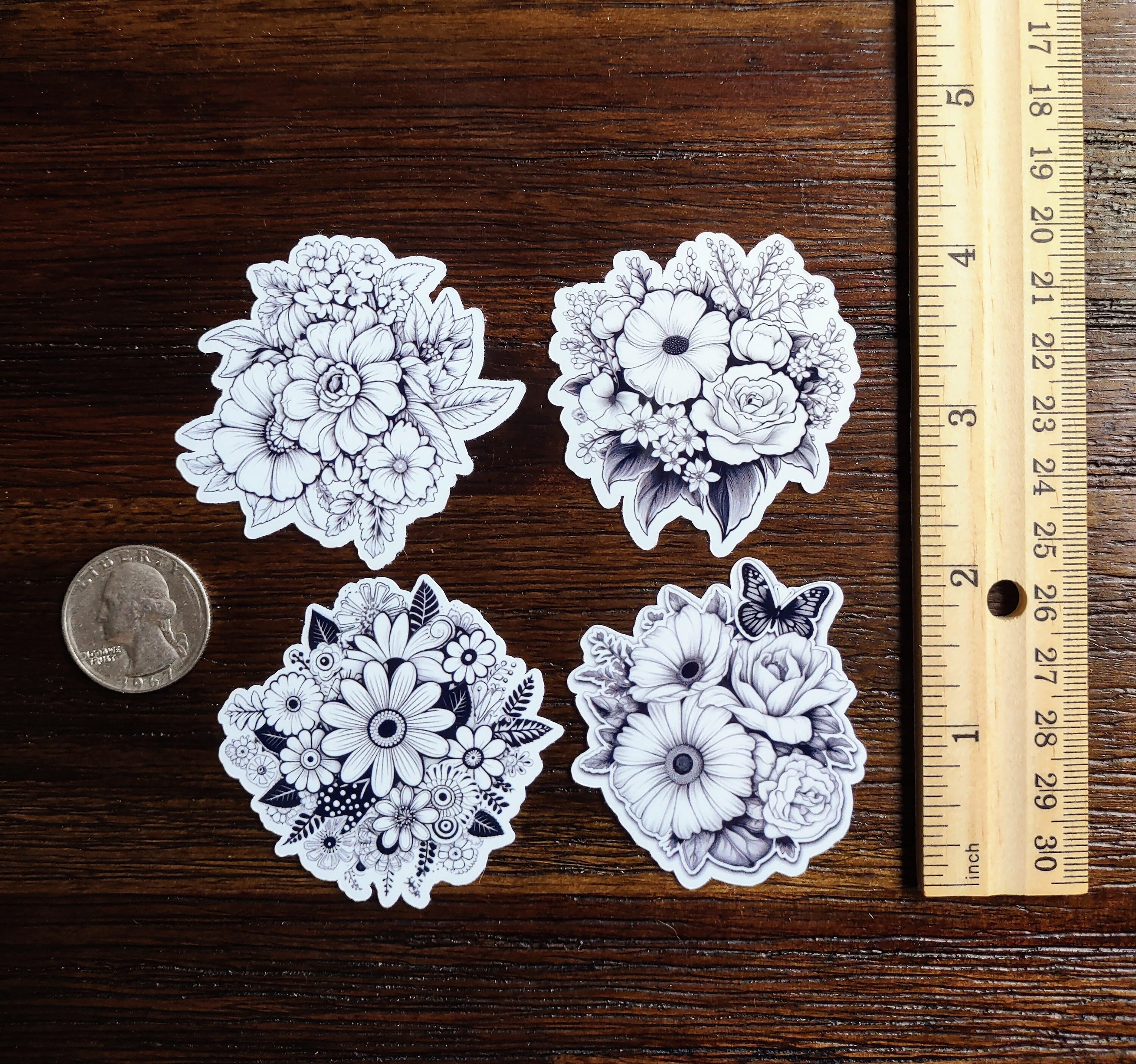 8 Pack Black and White Flower Stickers Goth Stickers Floral Stickers