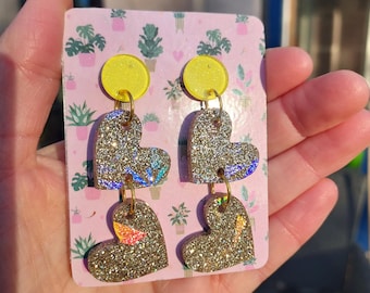 Gold glitter heart drop earrings. Handmade jewelry for women, a handmade gift for her.