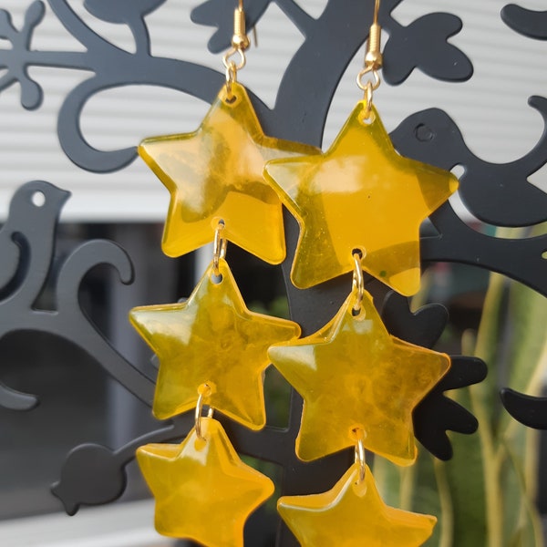 Transparent yellow triple star dangle earrings. Gift for woman. Jewel for her. Handmade