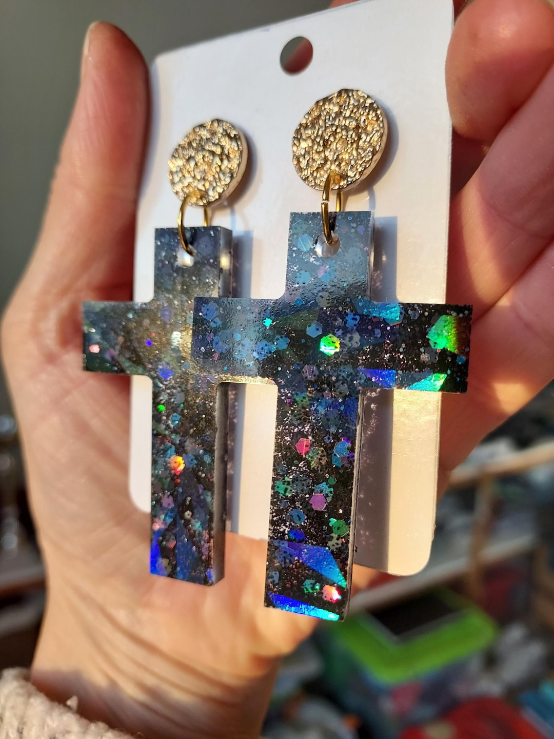 Unique Resin Ear Rings Resin Earrings in the Shape of a Large Cross With Black Glitter ...
