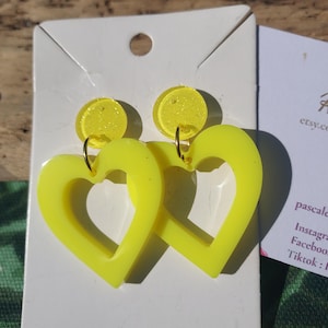 Yellow-tinted heart-shaped earrings. Handmade jewelry for women, handmade gift for her.