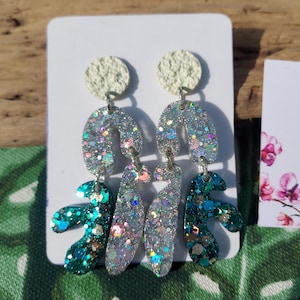 Green and silver resin and sequin dangle earrings. Handmade jewelry for women, handmade gift for her.