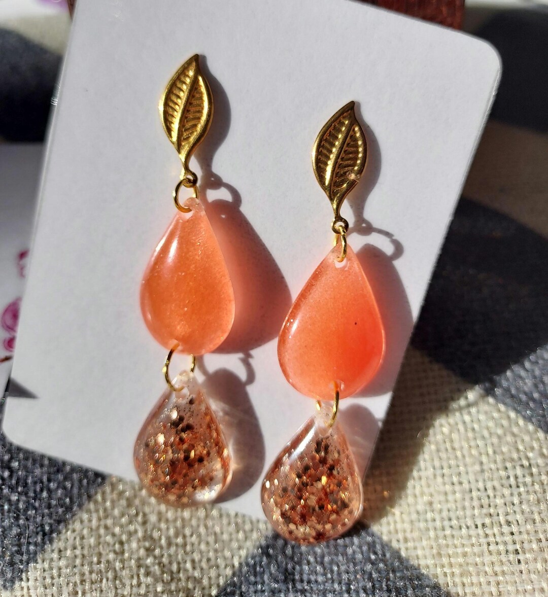 Unique Resin Ear Rings Resin Earrings Tinted With Gold and Orange Glitter. Geometric Shapes ...