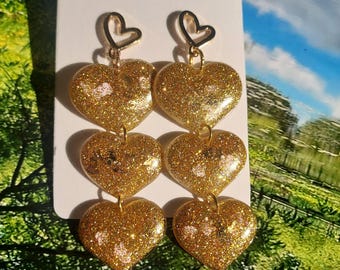 Triple gold heart epoxy resin earrings. Gift for women. Handmade jewelry for her, handcrafted jewelry