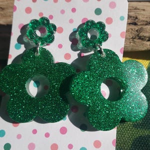 Green glitter flower shaped earrings. Handmade jewelry for women, handmade gift for her
