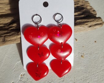 Three red heart drop earrings. Handmade jewelry for women, a handmade gift for her.