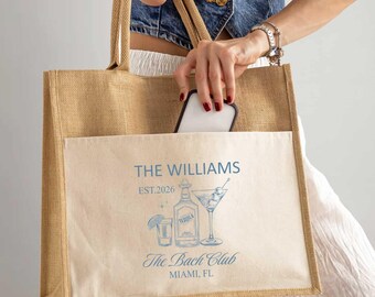The  Bach Club Jute Tote Bag, Bridal Party Totes, Beach Bach Gift, Bach Party Favors, Beach Bach Bag, Burlap Tote Bag