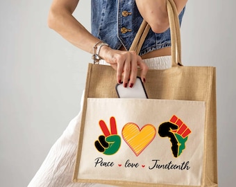Peace Love Juneteenth Graphic Jute Tote, Black Culture Freedom Carry Bag