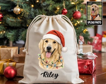 Custom Dog Portrait Santa Sack with Photo, Dog Christmas Sack with Name, Dogs First Christmas Gift, Dog Mom Gift Golden Retriever Sack