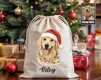 Personalized Pet Photo Christmas Bag, Dog Remembrance Gift with Name, Custom Cat Portrait Santa Sack, Customized Santa Bag for Pets