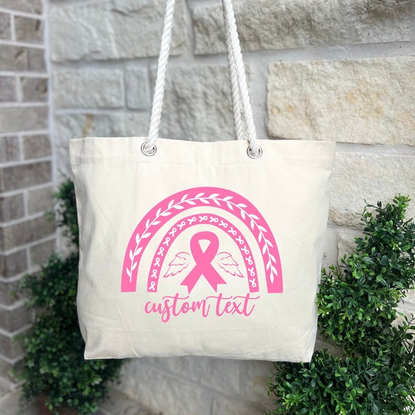 Custom Text Tote Bag, Personalized Breast Cancer Tote Bag, Pink Ribbon Canvas Tote, Custom Bag, Cancer Gif, Gift For Cancer Fighter