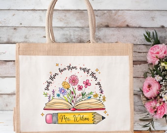 Custom Teacher Tote, Teacher Appreciation Gift Tote, Teacher Flower Tote, Name Tote Bag, Teacher Jute Tote, Floral Teacher Gift