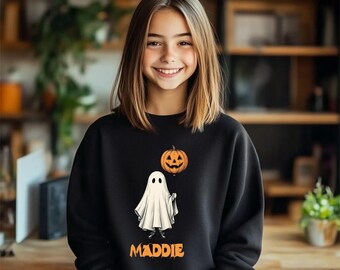 October Celebration Ghost Youth Sweatshirt, Customized Name Pumpkin Balloon Pullover, Tailored Spooky Party  Crewneck, Fall Festival Top