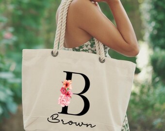 Custom Floral Monogram Bag, Elegant Bridesmaid Gift Ideas, Customizable Tote for Special Events