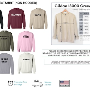 May include: A size chart for Gildan 18000 crew neck sweatshirts. The chart shows the width, length, and sleeve length in inches for sizes S through 3X. The chart also includes information about the fabric composition and care instructions. The image shows a variety of sweatshirt colors, including black, maroon, sand, military green, light pink, sport grey, and white.