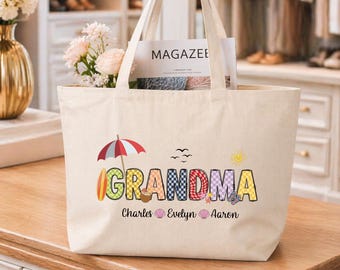 Grandma Tote With Grandkids’ Names, Travel Day Bag, Airport Carry Tote, Family Trip Shopper