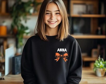 Custom Name Orange Bow Graphic Sweatshirt, Personalized Autumn Youth Girl Pullover, Fall Season Crewneck, Customized Ribbon Top