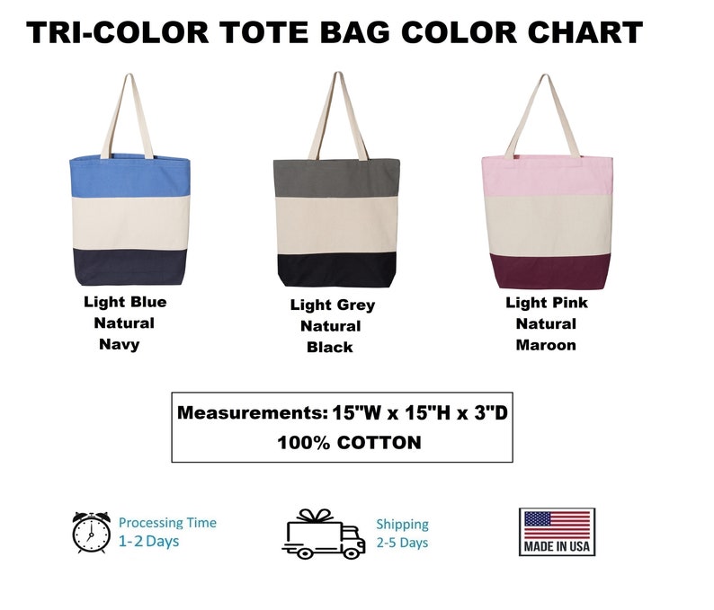 May include: Three tote bags with different color combinations. The bags are made of 100% cotton and measure 15 inches wide by 15 inches high by 3 inches deep. The bags are made in the USA. The first bag is light blue, natural, and navy. The second bag is light grey, natural, and black. The third bag is light pink, natural, and maroon.