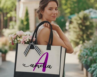 Personalized Tote Bag With Name, Large Canvas Tote, Monogram Tote Bag, Bridesmaid Gift With Name