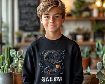 Personalized Letter Bat Youth Boy Sweatshirt, Customized Initial Spooky Pullover, Customized Spooky Monogram Crewneck