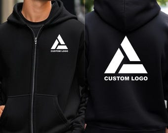 Custom Logo Full Zip Hoodie, Business Logo Zip Sweatshirt, Bulk Zip Hoodie Custom Text or Logo