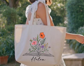 Customized Floral Design Tote Bag for Book Lovers, Unique Gift for Book Lovers, Custom Book Tote, Bookish Accessories