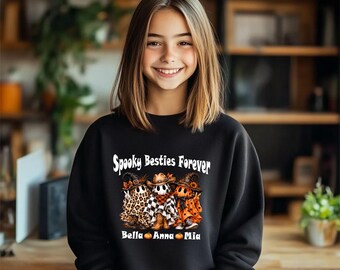 Personalized Name Western Ghost Sweatshirt, Personalized Cowboy Halloween Youth Pullover, Spooky Season Leopard Crewneck, Bff Gift