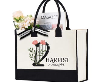 Personalized Floral Harpist Canvas Tote Bag, Gifts For Harpist, Custom Musician Gift