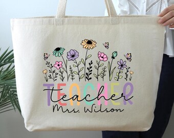 Custom Teacher Gift Tote, Custom Teacher Bag, Floral Tote Bag, Floral Teacher Gifts, Zippered Teacher Bag, Wildflower Teacher