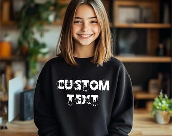 Custom Text Spooky Youth Girl Sweatshirt, Personalized Ghost Font Black Pullover, Tailored Name Halloween Crewneck, Fall Apparel Top
