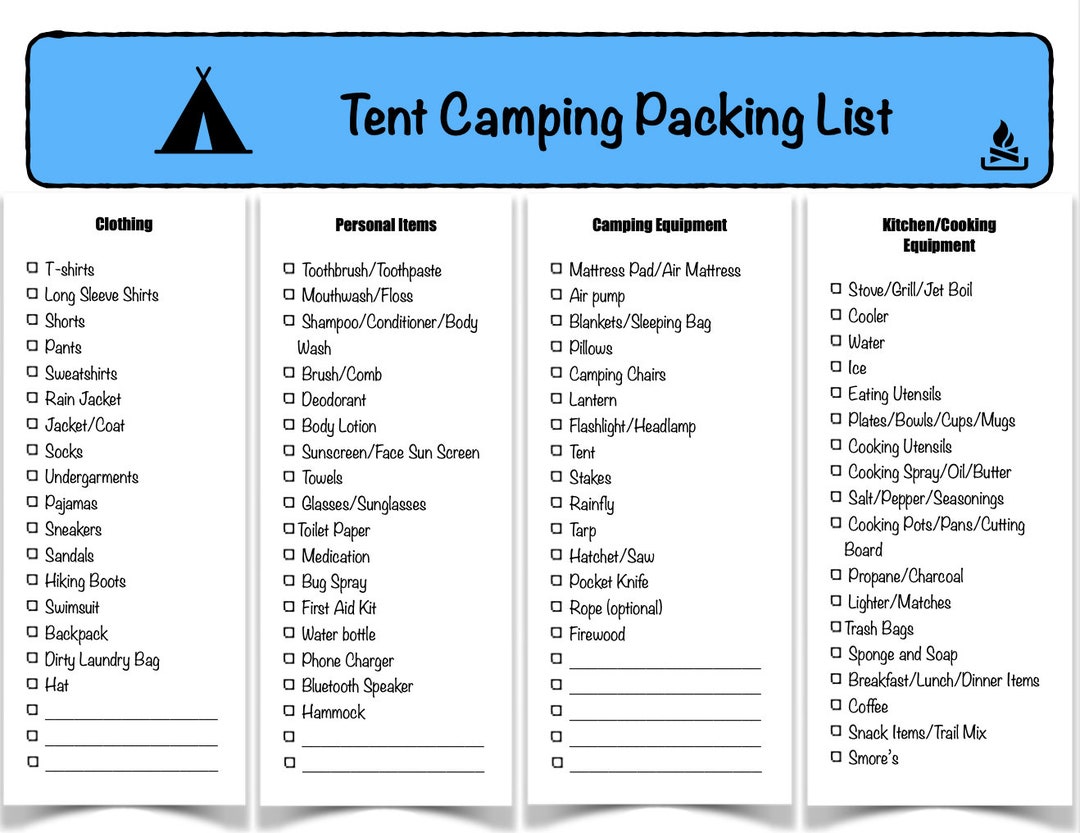 Tent Camping Packing Checklist Etsy