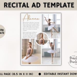 Puede incluir: Una plantilla imprimible para un anuncio de recital de danza. La plantilla presenta un collage de fotos de jóvenes bailarines con tutús blancos, con espacio para el nombre del bailarín y un cuadro de texto para información adicional. La plantilla está diseñada para ser utilizada con Canva y está disponible para descarga instantánea.