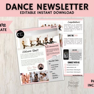 May include: A pink and white newsletter template for a dance studio. The newsletter includes a welcome message, important dates, a dance photo challenge, and information on how to connect with the studio. The template is editable and includes two pages.